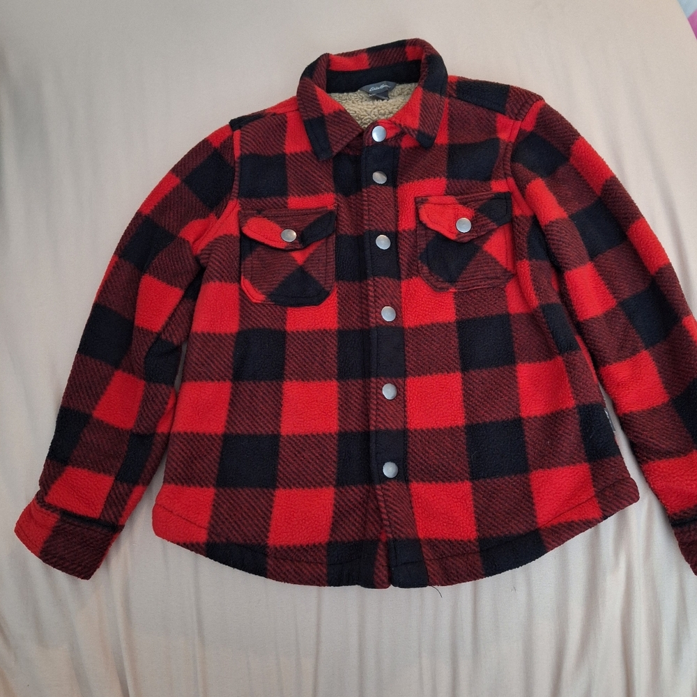 Eddie Bauer Red Black Plaid Fleece Jacket Faux Sherpa Lining Kids Size 6/7